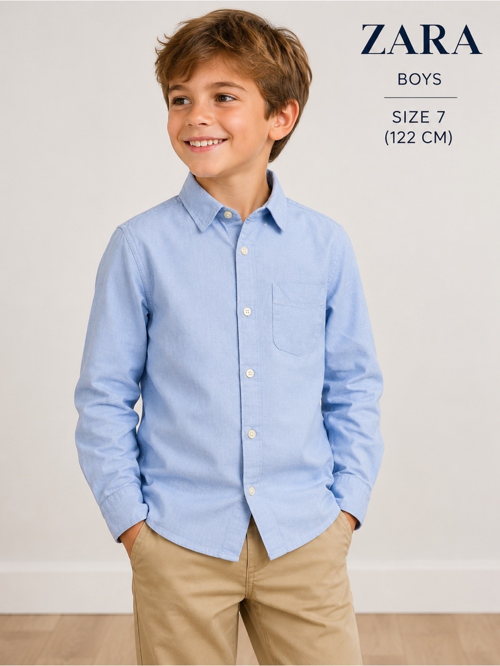 Zara Boys Light Blue Button Front Oxford Shirt Size 7 (122 cm) Long Sleeve